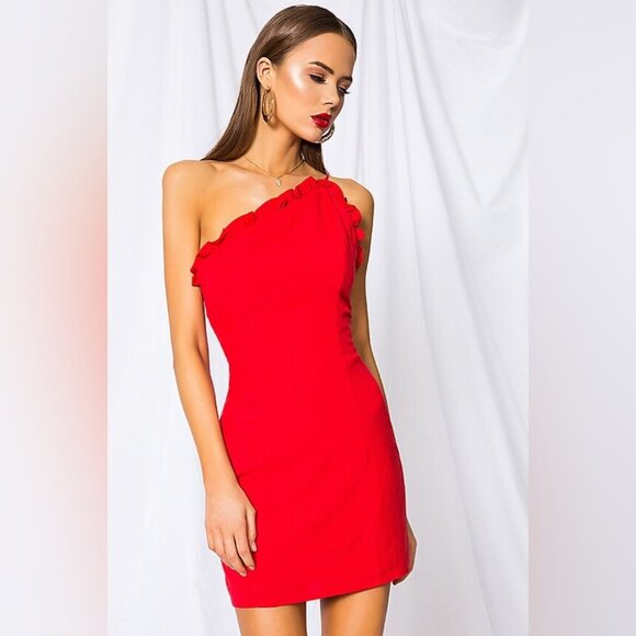 NEW NWT Superdown Elizabeth One Shoulder Red Mini Dress Ruffle Size M - Picture 4 of 8
